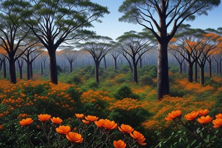 ((overlooking an exotic alien landscape)), ((jungle with trees that have blue leaves)), ((trees have only blue leaves)), jungle landscape with blue trees, (((on top of trees are orange flowers))), ((blue leaves tree tops have orange flowers)), towering trees