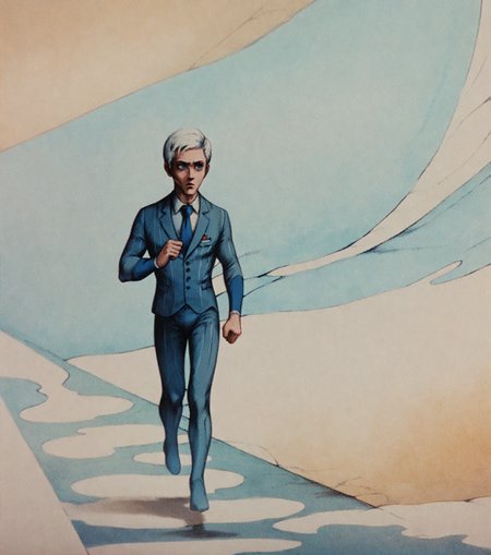 <lora:fantaplanet_pony_v1:1> a frame from "fantastic planet \(1973\)", surreal,abstract,  <lora:Whitley_SchneeRWBY_Pony:1> (whitleyschnee running:1.1) , 1boy, blue eyes, white hair, necktie, male focus, formal, score_9, score_6_up, score_7_up