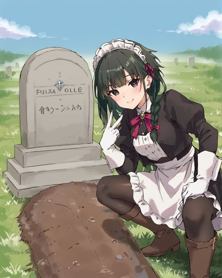 blue sky, clouds <lora:Oliver_Queens_Grave_Meme:0.8> oll13gr4v3, grass, squatting, tombstone,smile, spread legs, 
BREAK
dark green hair, black eyes, long hair, 1girl,  maid headdress, blush, <lora:Yokoya_Yuki-65:0.5> white shirt, braid, white gloves, thigh boots, pantyhose,