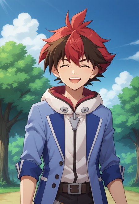 score_9, score_8_up, score_7_up, source_anime, highly detailed, 
hiroryuga, 1boy, male focus, red hair, solo, multicolored hair, upper body, jacket, pants, looking at viewer, belt, two-tone hair, brown hair, standing, blue jacket, spiked hair, hood, black pants, closed eyes, open mouth, smile.
outdoor, sky, clouds, tree