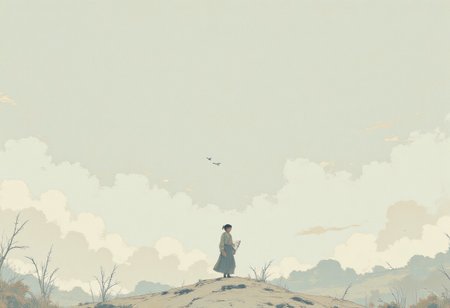 A vast, endless expanse stretches in every direction, a pale, featureless plane beneath a sky so colorless it feels less like air and more like the absence of it. The horizon is an indistinct blur, as if the world has forgotten where the earth ends and the sky begins. There is no wind, no sound—only a profound, suffocating stillness that presses down like the weight of an invisible hand.
In the center of this emptiness stands a single figure, emerging and breaking the  the boundless void. They are dressed in muted tones, their shape undefined, almost blending into the nothingness around them. Their feet leave no marks on the ground, as though they’ve never truly been there at all. They stand motionless, head tilted slightly upward, staring into the void above as if searching for something—an answer, a sign, a break in the unrelenting blankness.
Their hands hang loosely at their sides, empty, purposeless. The figure seems suspended in time, caught in a place where even memories feel muted, like faded photographs tucked away in a forgotten drawer. There is no past here, no future—only the aching echo of now.
Clearly visible in the distance, far beyond what should be visible, a faint shimmer stirs—a mirage, perhaps, or a trick of the mind. The figure doesn’t move toward it. They simply stand, alone in the vast silence, a solitary question in a place where even answers seem to have been erased.