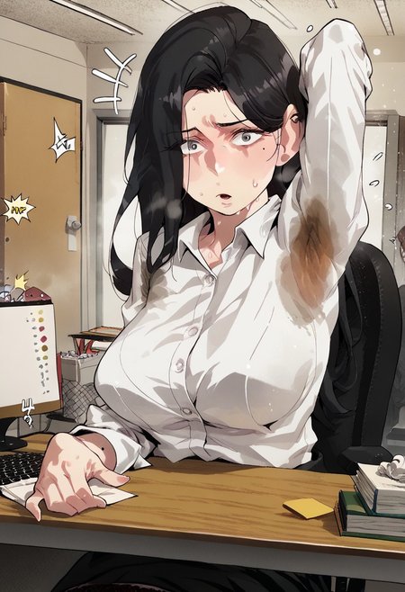 zPDXL2, score_9_up, score_8_up, score_7_up, froma above, sit on her desk, office, pc, tired, she is suffering from the heat, disconfrot, (Anime_source), high detail face, best quality, absurd res, 1girl, RaheeDo, gray eyes, black hair, long hair, mole under eye, mole under lips, office clothes, white shirt with long long sleeves, cowboy shot,   (big breasts:1.4), sweaty:1.2, , hands down on the desk,  , peeking sweat stain under armpit., steamy:1.2, surprised,  lookign at viewer,