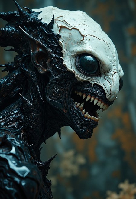 Off-center composition, right-aligned dynamic composition, an other wordly white alien like monstrous creature, erotic female, black glossy fractal skin leather texture, deap sea, slimey, teeths, black eyes, cinematic film still  . shallow depth of field, vignette, highly detailed, high budget, bokeh, cinemascope, moody, epic, gorgeous, film grain, grainy
