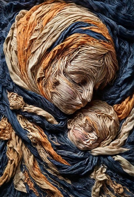 RAW closeup photo, sleeping baby, macro shot,( dark blue, orange, gold,  embroidery scarf), masterpiece, colorful details, golden threads embroideries, award winning, high detailed, 8k, natural lighting, analog film, amazing composition, intricate details, subsurface scattering, vellus gold hairs, amazing textures, soft light