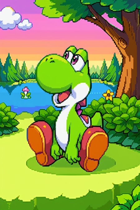 good quality, high quality,score_9, score_8, good anatomy, score_8_up, score_7_up, tetris attack style, pixel art, thick outlines:1, solo, no humans,, full body, male focus,1boy, yoshi, happy, open mouth, sitting, dynamic angle, yoshi from super mario, nature, trees, rocks, lake, flowers, sunset