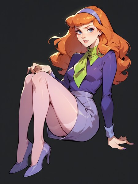 score_9, score_8_up, score_7_up, score_6_up, score_5_up,  <lora:DaphneBlakeXLP:0.6> daphne blake, 1girl, solo, hairband, long hair, pantyhose, orange hair, high heels, black background, skirt, shirt