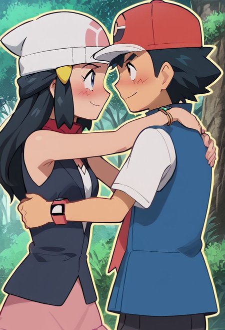 score_9, score_8_up, score_7_up, source_anime,
pokemondawn, <lora:pokemon-dawn-ponyxl-lora-nochekaiser:1>
(1girl), hetero, pokemon dawn, (blue hair), (((blue eyes))), sidelocks, (long hair), bare shoulders, beanie, black shirt, black socks, bracelet, hat, jewelry, kneehighs, miniskirt, pink skirt, red scarf, black shirt, pink skirt, sleeveless, sleeveless shirt, white beanie, yellow headwears,
outdoors, nature,
((looking at each other)), dutch angle, (anime screencap), anime, 2d, ((official art)), upper body, ((warm smile)), (constricted pupils:0.55), ((small breasts)), soft sun light, (embarrassed), ((blush)), 
((1boy)), (short hair), (red hat), (((blue vest))), (((vest with yellow outlines))), (white shirt), couple, brown eyes, ((black hair)), baseball cap, closed mouth, aroused, ((hug)), grins, (half closed eyes), (mature male), (mature female)