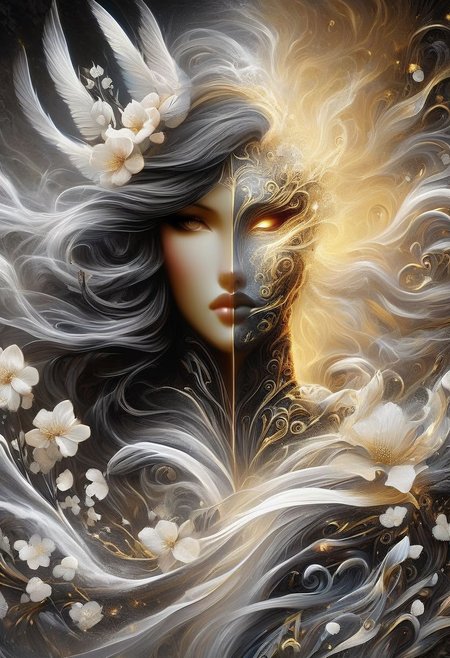 Highly detailed, left hand side white/right hand side air//white/ wind flowing smooth,  highly cinematic, close-up image of a goddess of air, perfect composition, beautiful colours, air, flowing wind mist, cold colours, lots of details, water flowers, metallic ink, beautifully lit, a fine art painting by drew struzan and karol bak, gothic art, dark and mysterious, ilya kuvshinov, russ mills