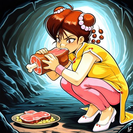 masterpiece, best quality, amazing quality, very aesthetic, absurdres, newest,larffl3,1girl, double bun, hair pearls, short brown hair, yellow china dress, single pink wristband brown eyes, pink pants, white pumps, eating meat, holding meat, squatting, cave background, teeth, fangs, growling, red eyes