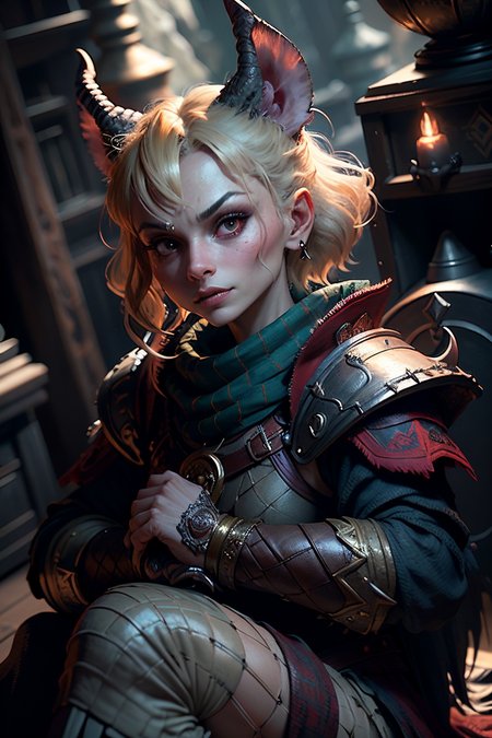 <lora:RPGKobald:1>  kobald:1.2, solo, red eyes, fangs 1girl Poodle Haircut in blonde  with teal  eyes  and Tapered eyebrows , ranger wearing ranger outfit holding long bow  wide angle, Dreamlike realm with surreal landscapes and floating islands. in background, realistic:1.2,  masterpeice, ultradetailed, intricate details, perfect quality, ultrashapr, ultradetailed, photorealistic, perfect shadows, profesional lights, realistic, blurry, boekh, masterpiece light works,depth of fiel, ultradetailed character, pefect quality, maximum quality, intricate details, detailed face  By jeremy mann, by sandra chevrier, by maciej kuciara, sharp, (perfect, body:1.1), realistic, real shadow, 3d, (dark castle background:1.2), (by Michelangelo), (profesional lights:1.3) (profesional photography:1.3), full body shoot, concept art of medieval rpg character,Resting against a pile of vintage suitcases, she prepares for a journey of discovery and self-reflection