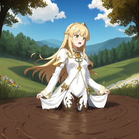 masterpiece, best quality, digital art, deviantart, 1girl, golden hair, medium breasts, small waist, white dress, gold ornaments, priestess, green grass, hills in the distance, trees, flowers, blue sky, partially submerged, brown mud, mud bog, sticky mud, scared, worried, screaming, close up