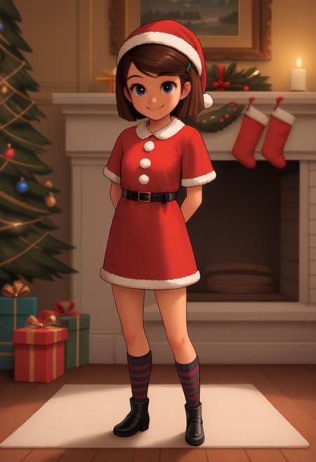 score 9, score 8 up, 1girl, solo, tabitha templeton, short hair, brown hair, blue eyes, santa Claus suit, black belt, santa Claus hat, skirt, striped socks, looking at viewer, smile, fullbody, interior, 2d, short, cute, source_cartoon, young, christmas tree, gifts,