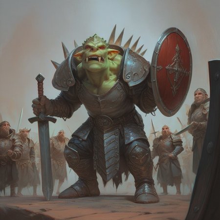 score_9, score_8_up, score_7_up, score_6_up, high quality, ultra-highres, ultra-detailed vivid colors,, contrast vision,  vivid colors, contrast vision, exaggerated features, fangs,  multiple males, goblins, green skin, red eyes, big nose, armor, shields, swords