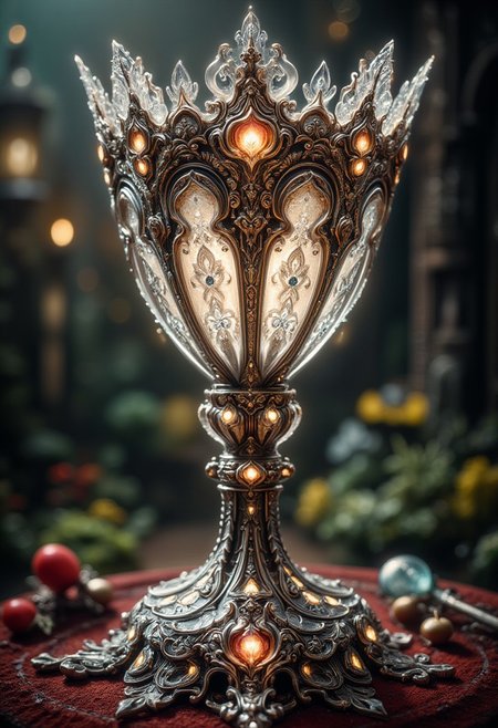 hyperdetailed ultra-detailed realistic, detail maximizer, 
extremely detailed best quality, reality-shot, realism, realistic photography of a an elaborate medieval crystal and silver chalice, with very small medieval ornaments, in many different vibrant colors. 
The crystal medieval chalice is placed on a pedestal in the middle of a medieval garden, intricate details, ultra sharp, exquisite detail, flawless composition, vivid colors, masterpiece, exciting background. High Definition, High Detail, Perfect Composition, dark fantasy movie, cowboy shot, bokeh machine, bokeh