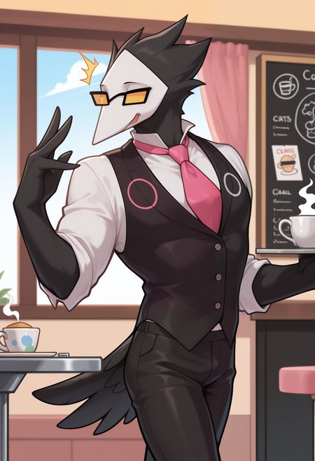 masterpiece,best quality,amazing quality, 1boy, solo, sw4tch, bird boy, mask, pink tie, heterochromatic glasses, black tailcoat, black pants, attack, 
cafe,