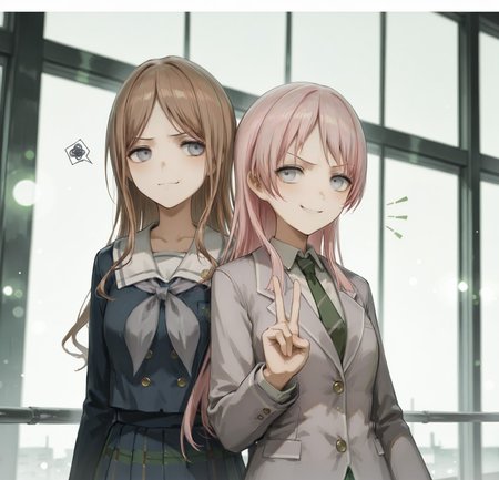 very awa, 2girls,  
BREAK  
chihaya anon, grey eyes, pink hair, forced smile, haneoka school uniform, green skirt, plaid skirt, pleated skirt, grey jacket, blazer, long sleeves, white shirt, green necktie, 
BREAK  
nagasaki soyo, blue eyes, brown hair, ((annoyed expression)), school uniform, ((blue serafuku, long sleeves, pleated skirt, blue skirt, white sailor collar, grey neckerchief)),
BREAK  
funabashi \(iwzry\), eggplus, shion \(mirudakemann\), huanxiang_heitu, infukun, v,  

bokeh, cinematic, fake_photograph, white border,  

dark, yuri, (shadow:1.1), green theme, overexposure, heavy chromatic aberration,  

masterpiece, best quality, good quality, newest, beautiful eyes, detailed eyes, eye_focus.


