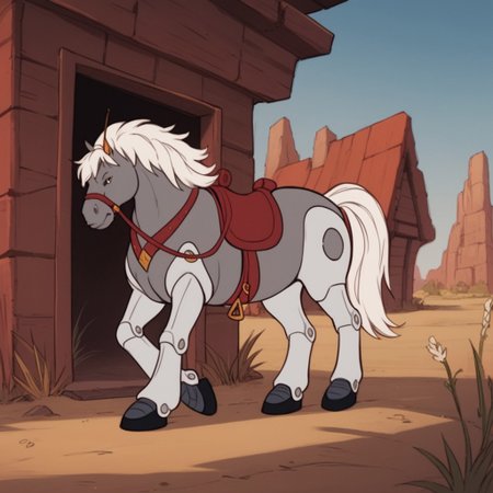 score_9, score_8_up, score_7_up, score_6_up, score_5_up, score_4_up, source_furry, thirty/thirtyBs, feral, male, horse, grey fur, white hair, robotic limbs, saddle, outside,