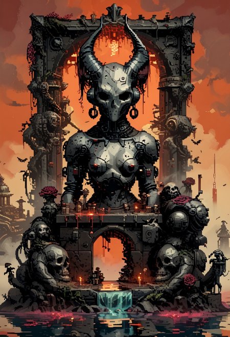 score_9, score_8_up, score_7_up, yamer_pixel_fusion, pixel art, 
A modern museum exhibit features a controversial, avant-garde statue of Baphomet. This statue merges classic elements with modern artistic expressions, surrounded by multimedia presentations that explain its significance in contemporary and historical contexts., 
in the style of a vintage, high-contrast setting, capture the essence of a campy and sensual satanic ritual. Emphasize theatrical elements with bursts of bright colors against dark, moody backgrounds
, retro futuristic, atompunk, hyper-detailed, dark fantasy, lofi, d3p1x3l, pixel art