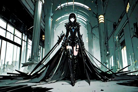 highly insanely detailed, masterpiece, top quality, best quality, highres, 4k, 8k, RAW photo, (very aesthetic, beautiful and aesthetic),  
tsutomu nihei,nihei_tsutomu,blame!,blame gakuen!,abara,TNstyle,sidonia_no_kishi,bridge,letterboxed,flock,dystopia,destroyed,no human,open space,decrepit,cyberpunk,blm,vast scenery,perspective,dark background,futuristic,science fiction, 
<lora:ABARA:0.7>, 
(1girl:1.3), 
solo focus, 
Solarium,Serene room with glass walls offering panoramic views of the Nile,potted palms adding a touch of greenery,mosaic tiles depicting aquatic scenes underfoot,chaise lounges draped in silk throws,and golden sconces illuminating the space,a colorful background,(color fusion background,color stripes background),âââ