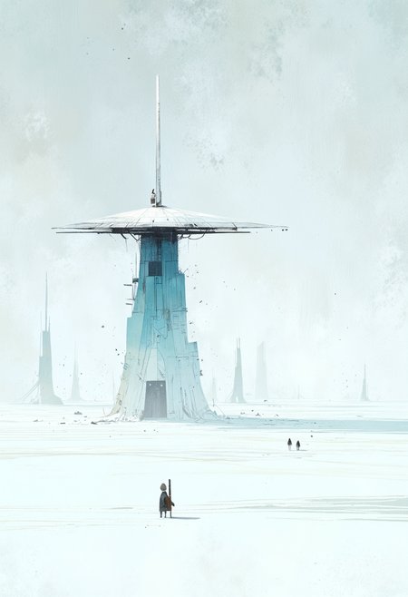 A minimalistic artwork portrays an otherworldly spaceport, built with sleek, geometric shapes and sharp angles. Color palette is restrained yet engaging, with cool blues and whites accentuating the pristine beauty of this futuristic setting. Spaceships hover gracefully amidst negative space, their silhouettes elongated against the endless backdrop of stars. Simple lines convey movement and depth, while dark shadows hint at a vast cosmic landscape beyond the frame. This work invites the viewer to ponder the quiet elegance of clean design and abstract simplicity within the realm of space exploration. ,<lora:flux/fav/pp-storybook_rank2_bf16.safetensors:1.0:1.0>
