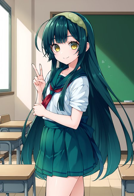 score_9, score_8_up, score_7_up, source_anime,  <lora:lowres_concept_ponyXL_v1:-0.3> 1girl, solo, looking at viewer, 
BREAK,
 <lora:touhoku_zunko_PonyXL_v1:1> touhoku zunko, very long hair, green hair, yellow eyes, green hairband, school uniform, serafuku, classroom, smile, standing, closed mouth, peace sign, v,