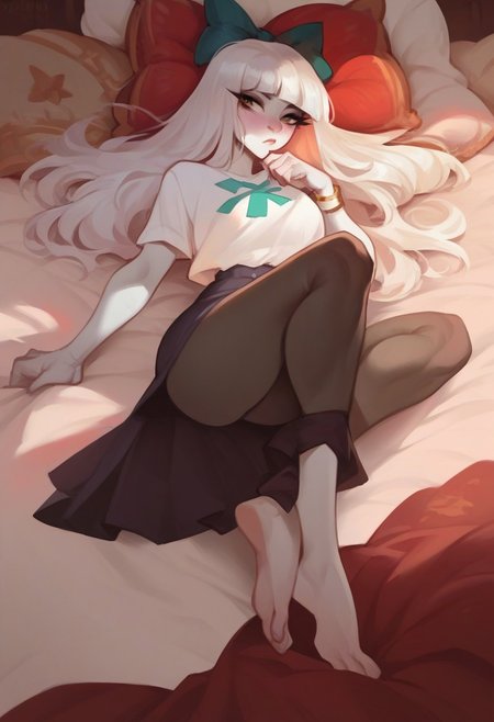 score_9, score_8_up, score_7_up, PA, white hair, blunt bangs, straight hair, long hair, hair bow, colored skin, white skin, lying down, full body, bed, shirt, skirt, horse symbol