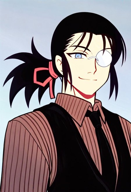 solo, 1Boy, DarkWalter, blue eyes, black hair, back slicked ponytail, red hair ribbon, monocle, monocle over left eye, black tie, black vest, black pinstripe shirt, black fingerless gloves,  smile, upper body, masterpiece, best quality, amazing quality, very aesthetic, absurdres, blue background