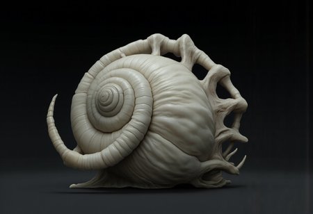 This creature presents a fusion of snake human head and snail features. Its core design revolves around a serpentine body integrated with a shell. the creature appears ethereal and luminous, with a pearl-like, almost celestial shell and a pale, ghostly body. 
Set against a solid dark black color background to emphasize its unsettling unnatural form that emphasizes its silhouette. The medium is not a traditional painting or illustrative medium like watercolor or ink but rather a digital 3D rendering.
MikeFranchinastyle, d4artstyle, d4concept, , bbstyle,, horror theme,, zbrush, ZBClay model of a gray sculpture, 1990's, 1990's style