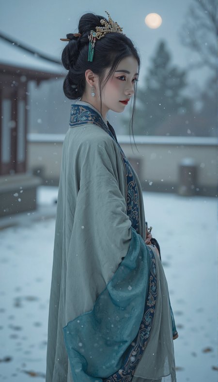 In the image, a woman dressed in traditional Chinese attire from the Ming Dynasty period stands poised against a tranquil, snow-covered background. She wears a long silk robe with intricate blue and green hues characteristic of this historical fashion style. Her hair is styled in an elaborate updo, adorned with jade hairpins and dangling earrings that sparkle under the soft glow of a full moon, signifying her elevated social status. The wide sleeves of her robe are typical of the era's design.  The gentle snowfall casts a serene atmosphere over the scene, highlighting the high-quality details in her attire and the surrounding landscape. The overall impression is one of elegance and refinement, capturing the essence of Ming Dynasty court life with a sense of nobility and grace. This masterpiece conveys exceptional craftsmanship, reminiscent of artists who specialized in Ming Dynasty court portraits.. qingyi<lora:flux\ãéº¦æ©éè¡£ãMajicflus.safetensors:0.7000000000000001:0.7000000000000001> <lora:flux\majicbeauty1.safetensors:1.0:1.0>