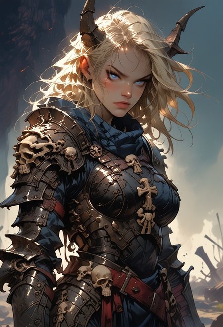 score_9, score_8_up, score_7_up, score_6_up, score_5_up, score_4_up, rating_explicit, source_western,  Ellie Buckingham, ((Bright Blond hair)), Blond Hair, Blond Bright blue eyes. Very large breasts, torpedo breasts, humongous breasts Western Style Artwork. Bold Lines, 
1girl, black goat horns, curled back goat horns, ,bone wings, old armor, rusty armor, dirty armor. ((black)) armor. demonic faces on armor, spikey armor, high detail armor, claws,, red glow from armor, internal glow, low fantasy, dark lighting, gauntlets, dusty skin, ashen skin, bone ridges, boney brow, bone spurs
1 girl, cowboy shot detailed background, battlefield, wasteland, thighs
glare, looking at viewer
arm0rs3nt1n3l
dark theme
sinozick style