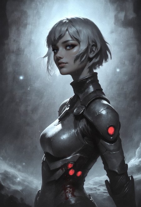 score_9, score_8_up, score_7_up,  portrait, 1girl, side view, short hair, white hair, standing, posing, seductive, looking at viewer, bright particles, darkness, bright red particles, red blood, black theme, detailed background, smirk, high contrast, female silhouette   <lora:pony/twilight_style:0.8> concept art, realistic, (monochrome:1.1) <lora:pony/xenotrip13:0.4> xenotr1p <lora:pony/spirit_animals:0.4> Spirit Animal