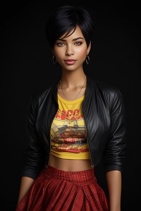 masterpiece,best quality,ultra_detailed, bellissima, 1girl , smile, haircut style pixie, black jacket, crop top, dark-skinned female, earrings, mole, multicolored hair, red skirt, shirt, short hair, simple background, skirt, solo, t-shirt, thighhighs, westwood style solo