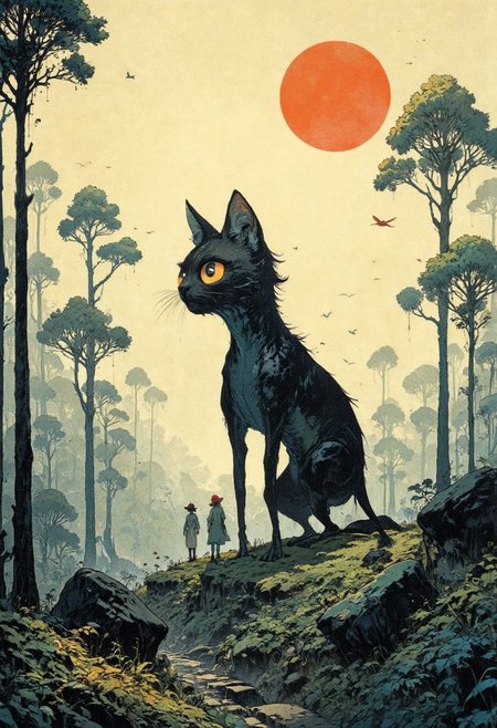 The image is an hand-drawn illustration of a giant black cat with large orange eyes standing in a forest. The cat is facing towards the right side of the image, with its head turned towards the viewer. The background is filled with tall trees and shrubs, and there is a large orange sun in the top right corner. The sky is a pale yellow color, and a few birds can be seen flying in the distance. In front of the cat, there are two small people, one wearing a red hat and the other wearing a white dress, standing on a hill. The overall mood of the illustration is peaceful and serene. artwork drawing