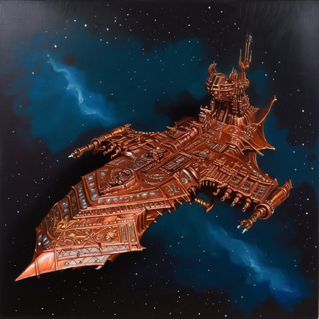 ((oil painting)),a  copper colored chaoswarfleet battleship, <lora:Chaos_Warfleet_-_Warhammer_40000_SDXL:1>,floating in space,armor plating,turrets,baroque style,eagle decorations,no_humans,solo