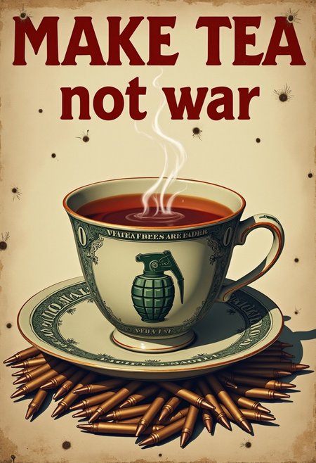 Fancy teacup with stylized motif of grenade_dollar-bill, steaming cup of tea, postwar poster riddled with bullet-holes, faded worn damaged instructional text reads "Make tea not war", on stylized pile of bullets