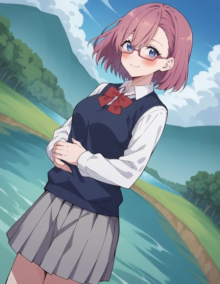 score_9, score_8_up, score_7_up, source_anime, <lora:ririsa-amano-s1-ponyxl-lora-nochekaiser_r2:1>, ririsa amano, short hair, glasses, blue eyes, pink hair, bangs, medium breasts, mature female,, skirt, bow, school uniform, jacket, pleated skirt, grey skirt, sweater vest, collared shirt,, water, lake, river, waterfall, natural, smile, hands on stomach, blush,, looking at viewer, solo,, dutch angle, cowboy shot