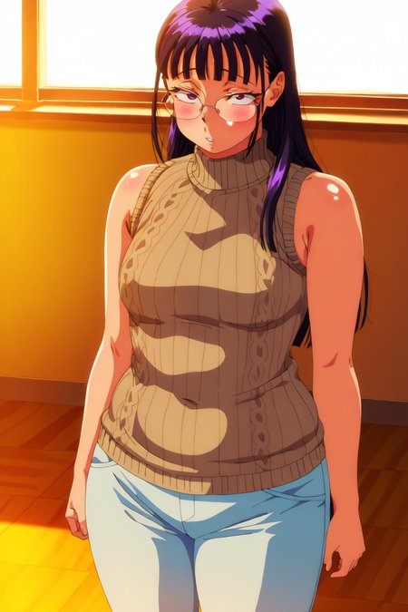 <lora:anime_screencap-IL v-pred:1.5>,<lora:T-rex_studio_animation_style>,<lora:Pony_DetailV2.0:-1>,<lora:1990_Style_Pony:0.5>,(solo:1.5),
score_9,score_8_up,score_7_up,score_6_up,score_5_up,score_4_up,source_anime,front light,
masterpiece,absurdres,highres,highest quality,Super detailed,32K,High resolution,an extremely delicate and beautiful,Official Art,perfect anatomy,
(Contrasting colors,octane rendering,Fully painted,anime coloring,anime screencap,Cel-shaded anime,1990s (style),retro artstyle:1.25),
perfect face,ultradeTailed eyes,beautiful,sexy,supermodel,athletic body,shiny skin,Dramatic light,thigh,(curvy:1.1),(scale to fit the dimensions:1.2),
<lora:agawa-000019:1.2>,((4g4w4:1.5)),long hair,black hair,mole under eye,sanpaku,blunt bangs,(broad shoulders,plump:1.3),small breasts,wide hip,thick thigh,parted lips,blush,(glasses:1.3),(sleeveless,gray turtleneck knit sweater,wrap pants:1.5),standing,looking at viewer,(day,indoor,classroom:1.5),<lora:Classroom-IL:1>,