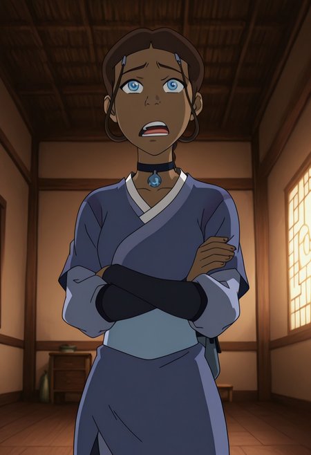 ((1girl, solo)), score_9_up, score_8_Up, score_7_up, score_6_up, 1girl, ((solo)),<lora:Katara_Illustrious_X>,1girl, (blue_eyes), katara, brown hair,dark skin, dark-skinned, dark-skinned_female, latina, brown_skin, female, choker, jewelry, hair ornament, blue_kimono, long_sleeves, water_pouch, fully_dressed, standing, arms_crossed, angry, shouting, annoyed, dismissive, indoors, teashop