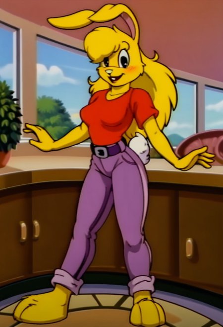 score_9, score_8_up, score_7_up, score_6_up, score_5_up, score_4_up, retro artstyle, BREAK 
LoriJackRabbitPXL, rabbit girl,long yellow hair,yellow skin,1girl, solo,rabbit tail,yellow skin, animal ears, pants, black eyes, colored skin,rabbit ears,long yellow hair, belt, smile, shirt, black belt, open mouth, looking at viewer,rabbit girl,rabbit tail, full body, breasts, standing, furry female, blush, red shirt,purple pants, :d, indoors,barefoot,furry, midriff peek
<lora:lorijackrabbit-v1:0.9>