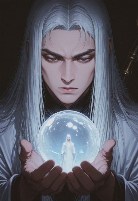 1man, (solo), human, facial_hair, long beard, white_beard, (dark_eyes), very long hair, straight_hair, (white_hair), \samuran\, (long white_robes), expressionless, serious, annoyed eyes, portrait, closeup of face, (black thick_eyebrows), hand_over_crystal_ball, magic, holding, holding_weapon, (mage staff), dark room, dark_background, light particles, shallow depth of field, detailed lighting, cinematic shot, portrait, fisheye, kodachrome, masterpiece, best quality, (ultra-detailed), high quality, very aesthetic, conti2, aesthetic
