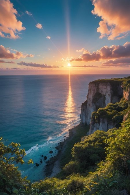 RAW photo, pristine shoreline, delicate jungle grove, majestic nature, picturesque scenery, enchanting sun beams, beautiful sky, maximalist landscape, dynamic sunset, desolate atmosphere, serene ocean, crystal blue water, ancient cliff, lens flare, photorealistic, masterpiece, 64k, UHD, ultra detailed, vivid colors, high quality, sharp focus