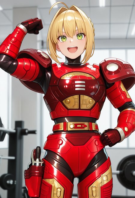 1girl, solo, R3ddle, armor, red armor, bodysuit, shoulder pad, gloves, belt, holster, shiny clothes,(nero claudius (fate):0.9), blonde hair, green eyes, flexing, looking at veiwer, smile, open mouth, covered neck, black neck, cowboy shot,
indoors, gym,
best quality, very aesthetic, masterpiece,