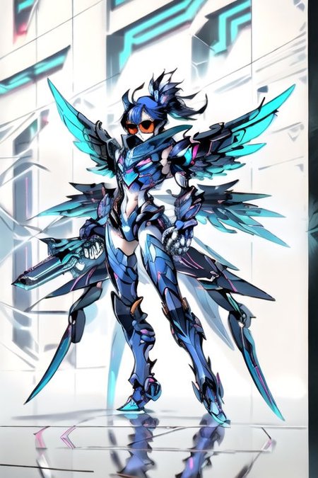 full body,brawllhalla style, brawwl,mecha, large wings,neon_grid_sunglasses