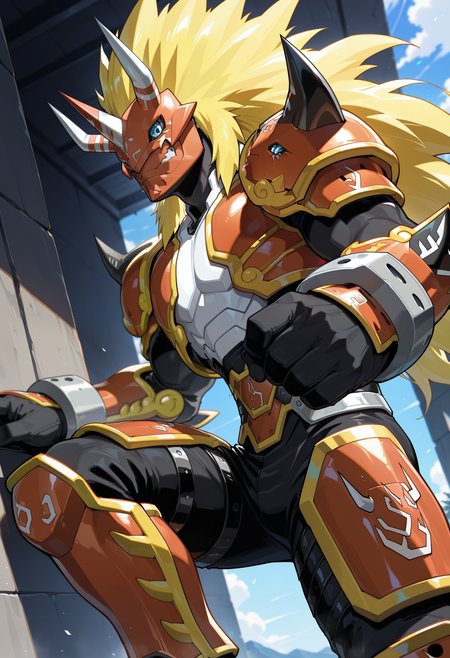 masterpiece,best quality,amazing quality, 1boy, solo, 4gun1, digimon (creature), armor, armored boots, gloves, mask, tan skin, close up, side angle, face, 