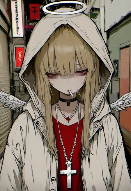 1girl, hood, blonde hair, halo, solo, cigarette, smoking, choker, red eyes, jewelry, necklace, cross, smoke, looking at viewer, red shirt, jacket, cross necklace, hooded jacket, hood up, black choker, shirt, wings, upper body, hoodie, long hair, bangs, half-closed eyes <lora:748cmXL_il_lokr_V5311P:0.95>