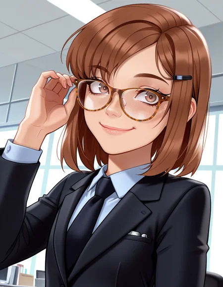 masterpiece, best quality, very aesthetic, absurdres,
indoors, office, 
upper body, long eyelashes, smile,
<lora:Megan_v01_NAIXL-000012:1>,
M364n,1girl,brown hair,short hair,hairclip,glasses,brown eyes, freckles, office lady,necktie,suit,