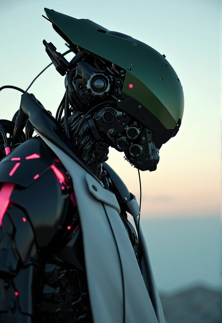UNI_SCI_FI_CORE  YFG-V1nt, Head Closeup, dark-mood-mod, a photo-realistic image, depicting a sleek armored mech-knight with exposed wires and intricate technical parts. A Future soldier in dynamic Pose. The scene is set at dusk, with the sky transitioning from a soft, pale blue to a deeper, cooler hue, and the horizon lined with wispy, scattered clouds. The dominant feature in the image is His mechanical mechanical edgy shoulder armor, jagged and broken resembling a translucent sss Planet, oversized and intricate, its translucent bleaked neon pink and Green surface and luminous translucent Material stark against the sky. dressed in a Armor with a long, flowing white robe that appears to be made of a dark, coarse translucent material, blending into the dark tones of the landscape. (raytracing:1.3), (ambient occlusion), (cinematic lighting:1.3), (chromatic aberration), (4K image quality:1.3), (sharp detail:1.3), (highly realistic:1.3), (dim warm cinematic lighting:1.3)
