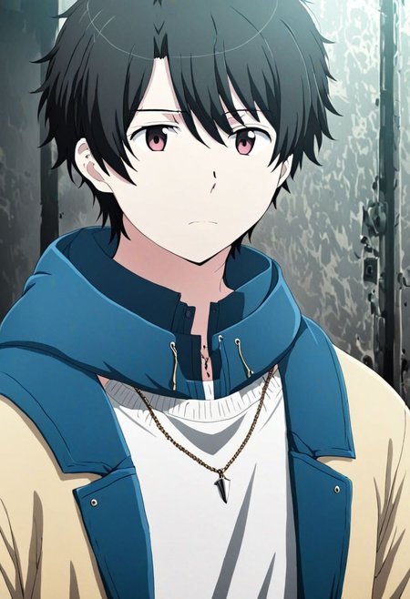 high resolution, solo, best quality, 1Boy, Inaho Kaizuka, Black Hair, bangs, necklace, choker, hair between eyes, Hoodie, OverallDetail