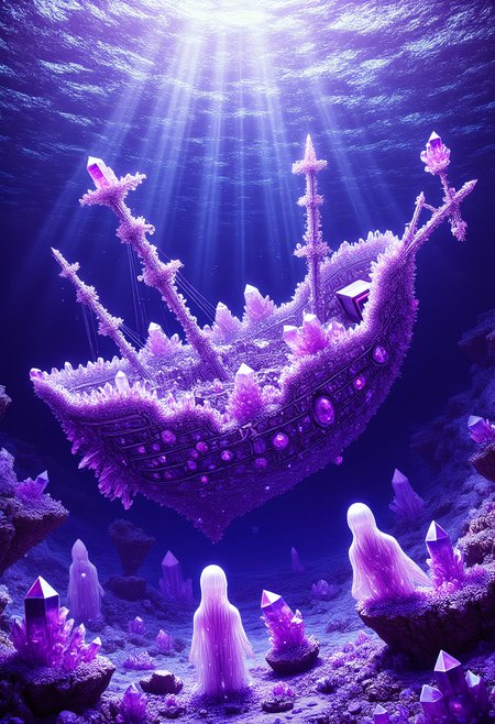 The Amethyst Shipwreck of the Endless Ocean
A long-forgotten pirate ship made of sparkling amethyst crystals lies half-submerged in the middle of a vast, shimmering purple sea. The shipâs masts are fractured but still reach skyward, their faceted surfaces catching the light of a setting sun. Crystalline barnacles cling to the hull, and glowing amethyst coral has begun to engulf the deck. Ghostly figures with translucent, amethyst-like skin move silently through the wreckage, their faint purple glow illuminating the depths. Above, the surface ripples with waves that shimmer like liquid amethyst.