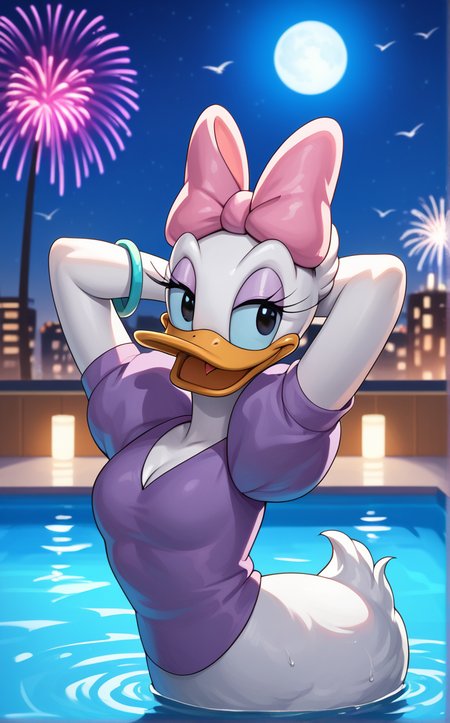 score_9, score_8_up, score_7_up, absurdres, contrapposto, arms behind head, aerial fireworks, wading, neon_lights, cityscape, night, pool, full moon, outdoors, depth of field, solo, looking at viewer, <lora:PONYXL_DaisyDuck_ownwaifu:1>, BREAK MainOutfit_DaisyDuck_ownwaifu, furry female, 1girl, beak, hair bow, pink bow, white fur, puffy sleeves, bird girl, puffy short sleeves, duck, black eyes, body fur, animal nose, makeup, jewelry, short hair, bracelet, purple eyeshadow, purple shirt, eyelashes, flat chest, cleavage, dress, white hair, bangle, breasts, colored skin, purple dress, bird, tail, bird tail, purple bow, white skin, eyeliner, medium breasts, short sleeves, 1other,<lora:add-detail-xl:0.15>,